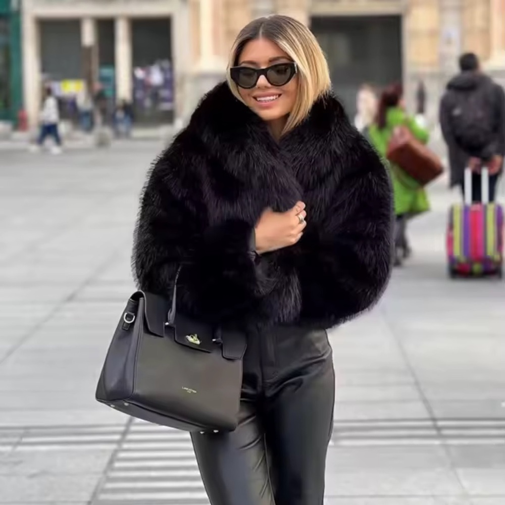 Glam faux fur coat vintage style jacket cropped oversized black